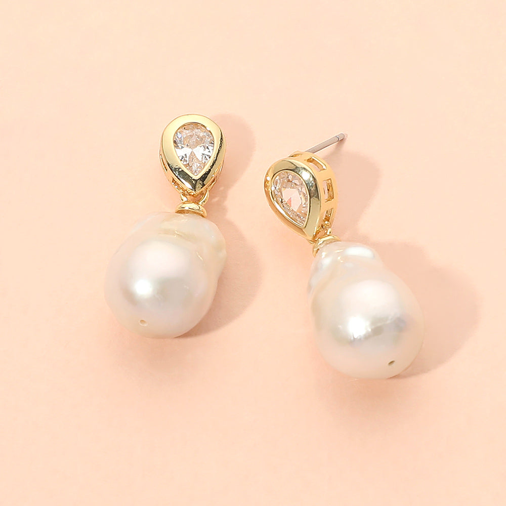 18K Gold Dipped Pear Cut Stone Bezel Baroque Freshwater Pearl Drop Dangle Earrings