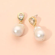 18K Gold Dipped Pear Cut Stone Bezel Baroque Freshwater Pearl Drop Dangle Earrings