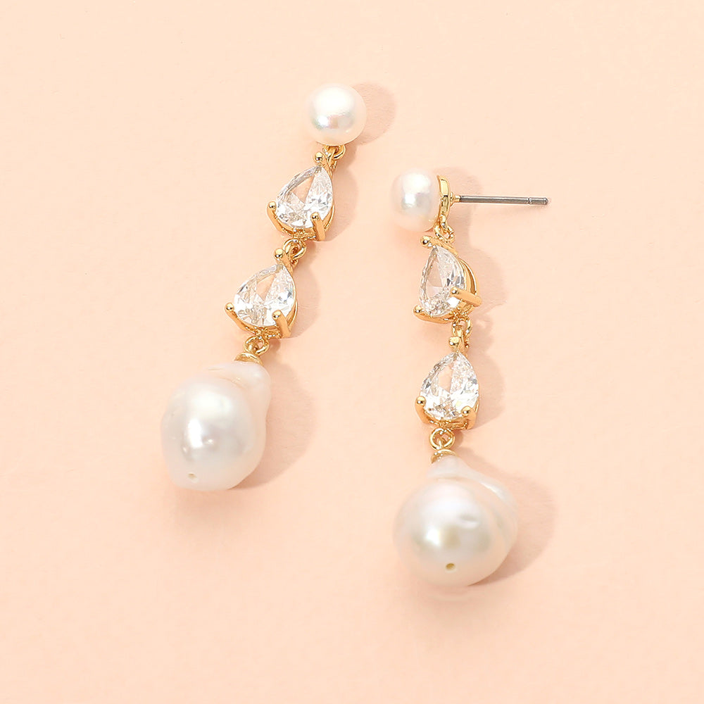 18K Gold Dipped Pearl Cut Stone Cluster Baroque Freshwater Pearl Drop Earrings