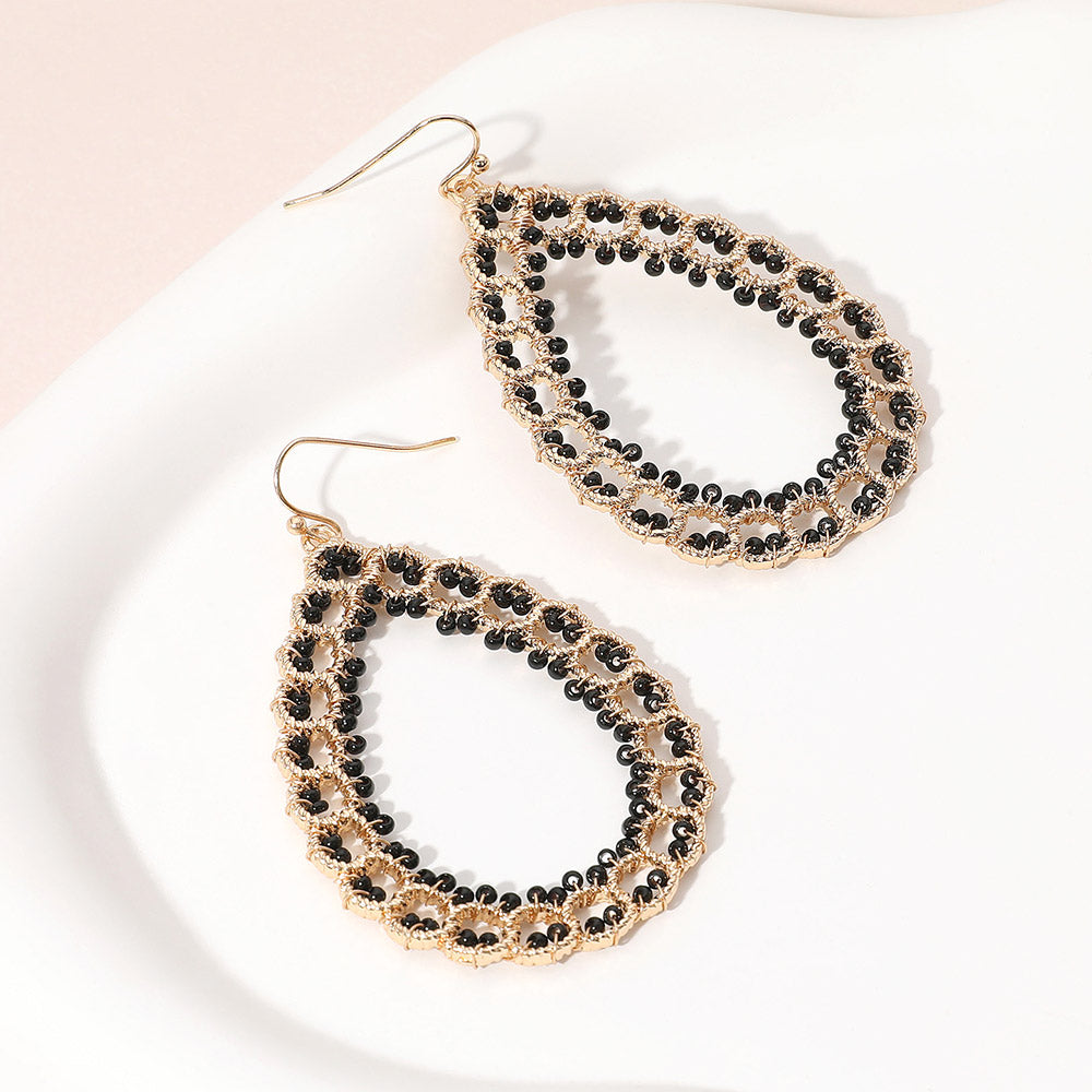 Seed Beaded Wrapped Open Teardrop Dangle Earrings