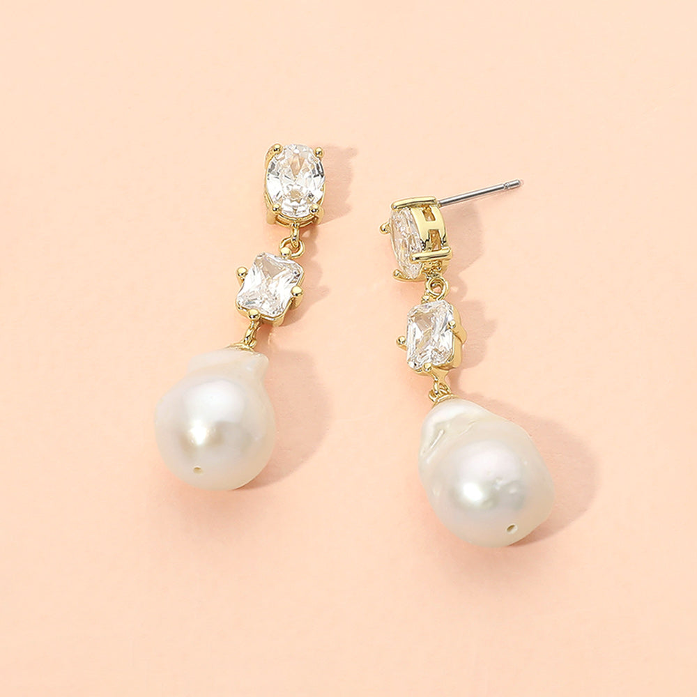 18K Gold Dipped Oval Rectangular Stone Cluster Baroque Freshwater Pearl Link Drop Earrings