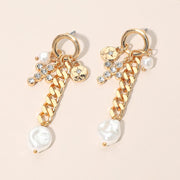 Pearl Cross Charm Chain Drop Earrings