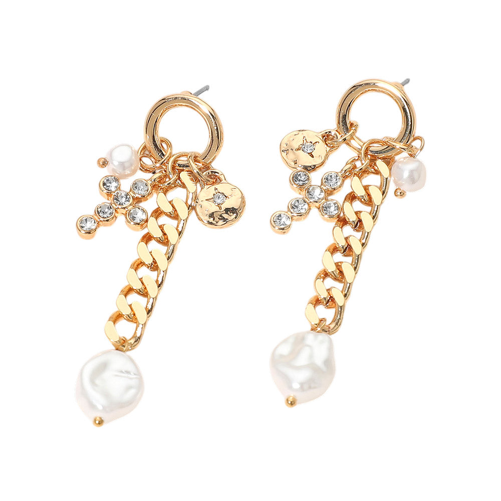 Pearl Cross Charm Chain Drop Earrings