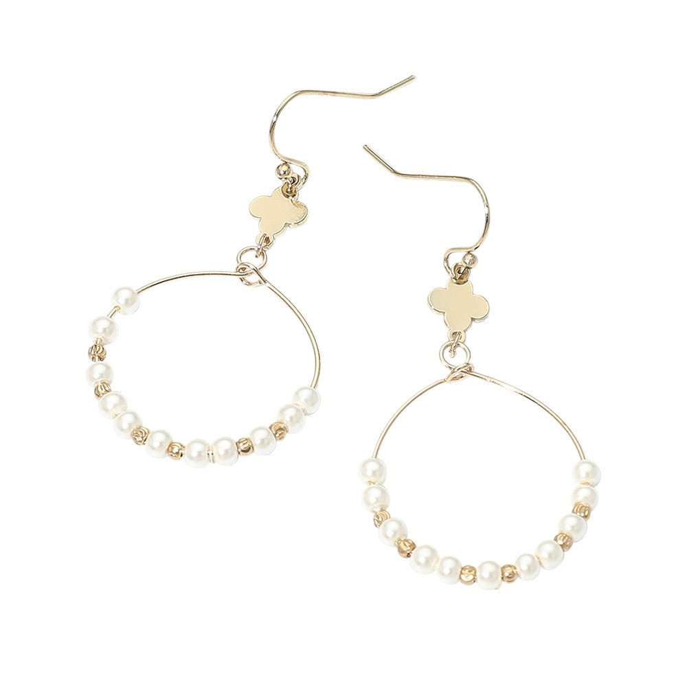 Quatrefoil Accent Pearl Beaded Hoop Link Drop Earrings