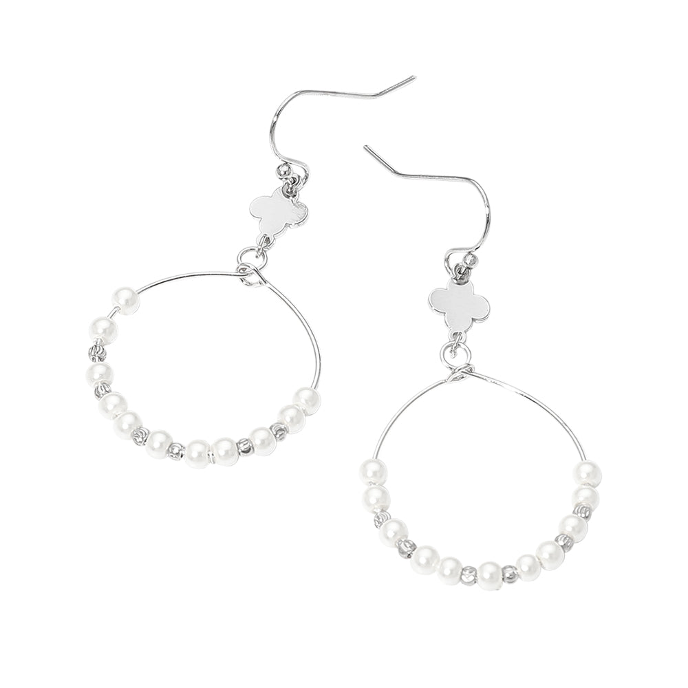 Quatrefoil Accent Pearl Beaded Hoop Link Drop Earrings