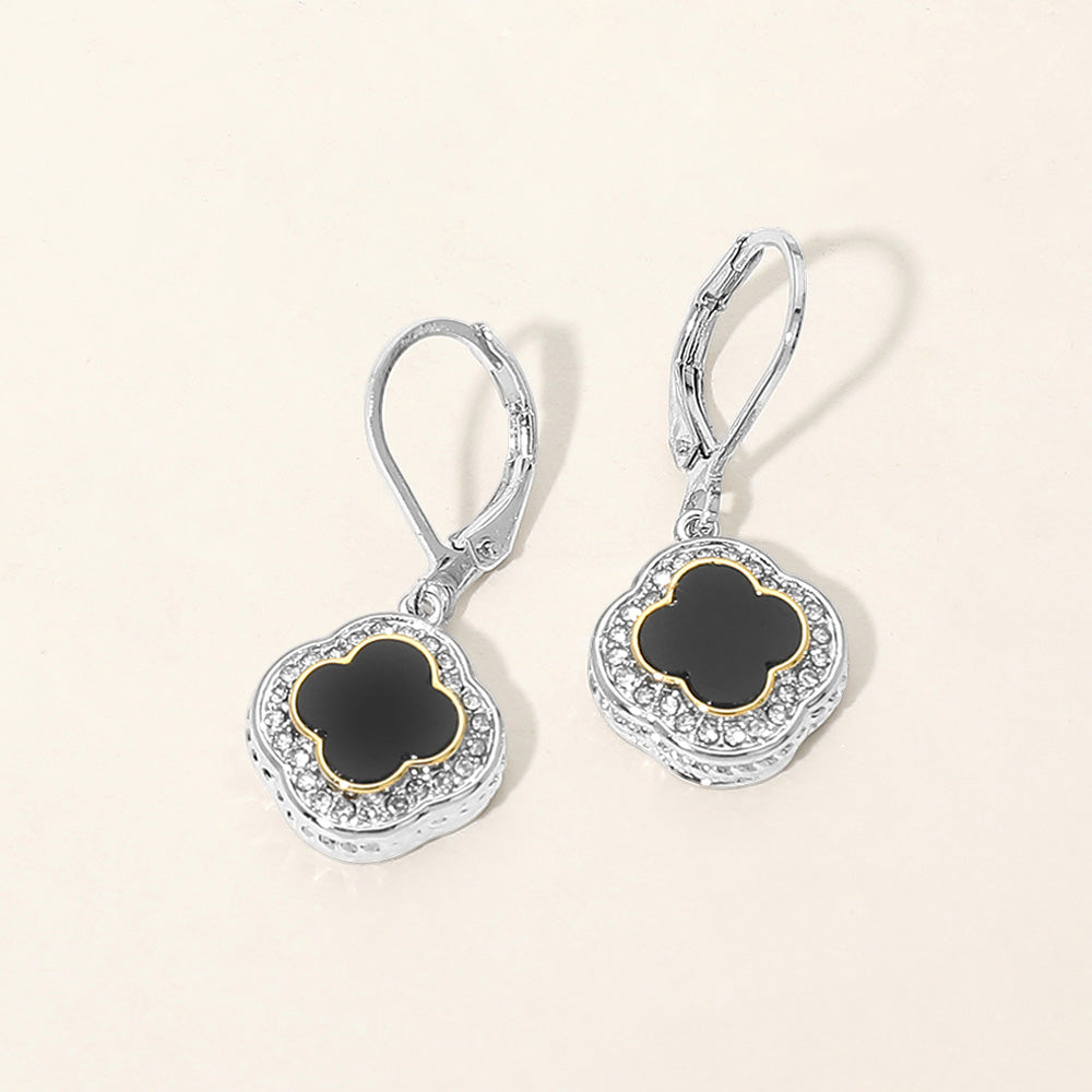 14K Gold Plated CZ Pave Rim Quatrefoil Charm Drop Earrings