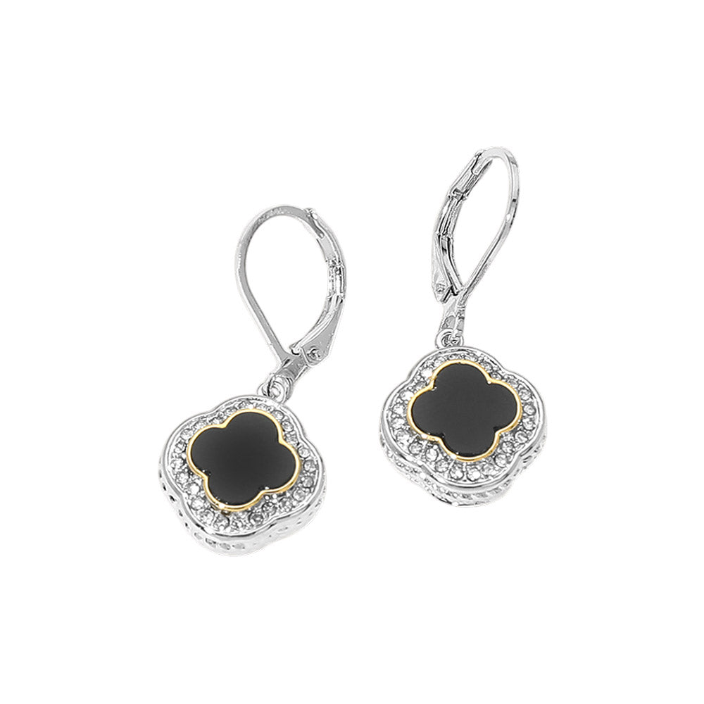 14K Gold Plated CZ Pave Rim Quatrefoil Charm Drop Earrings