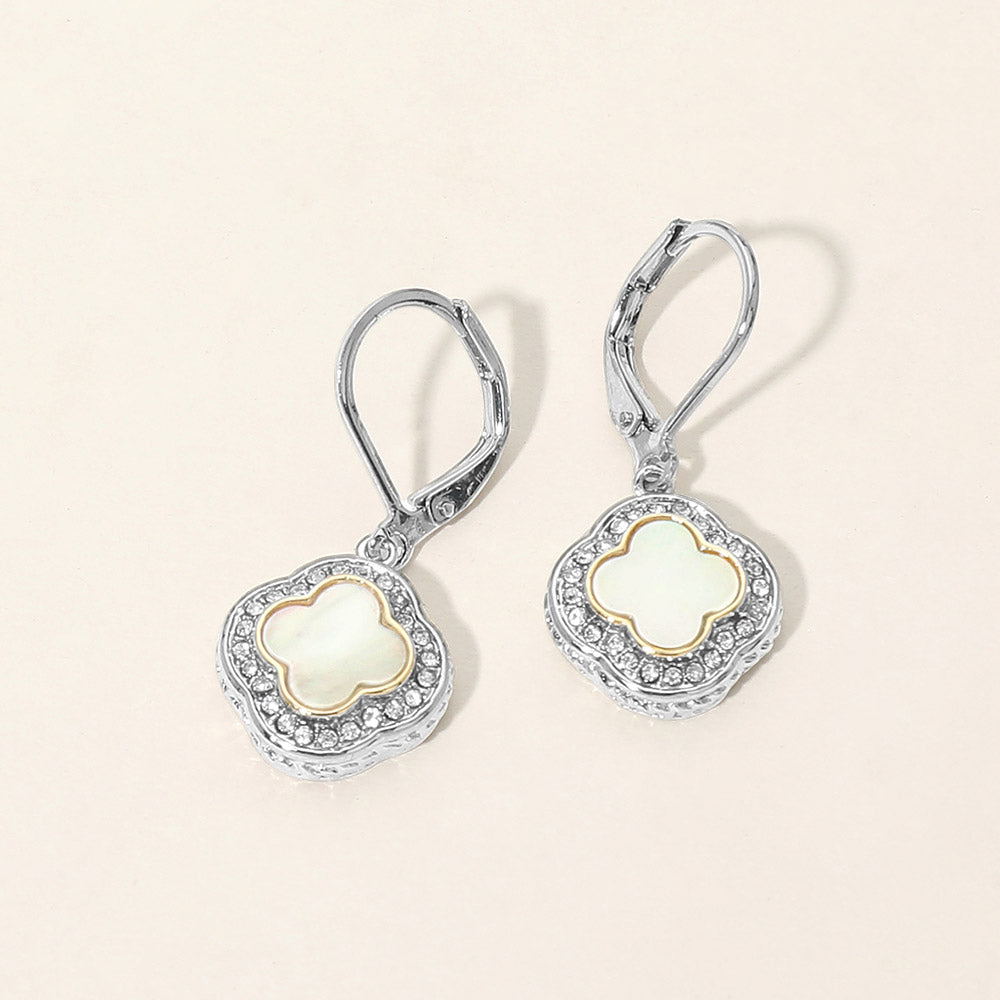 14K Gold Plated CZ Pave Rim Quatrefoil Charm Drop Earrings