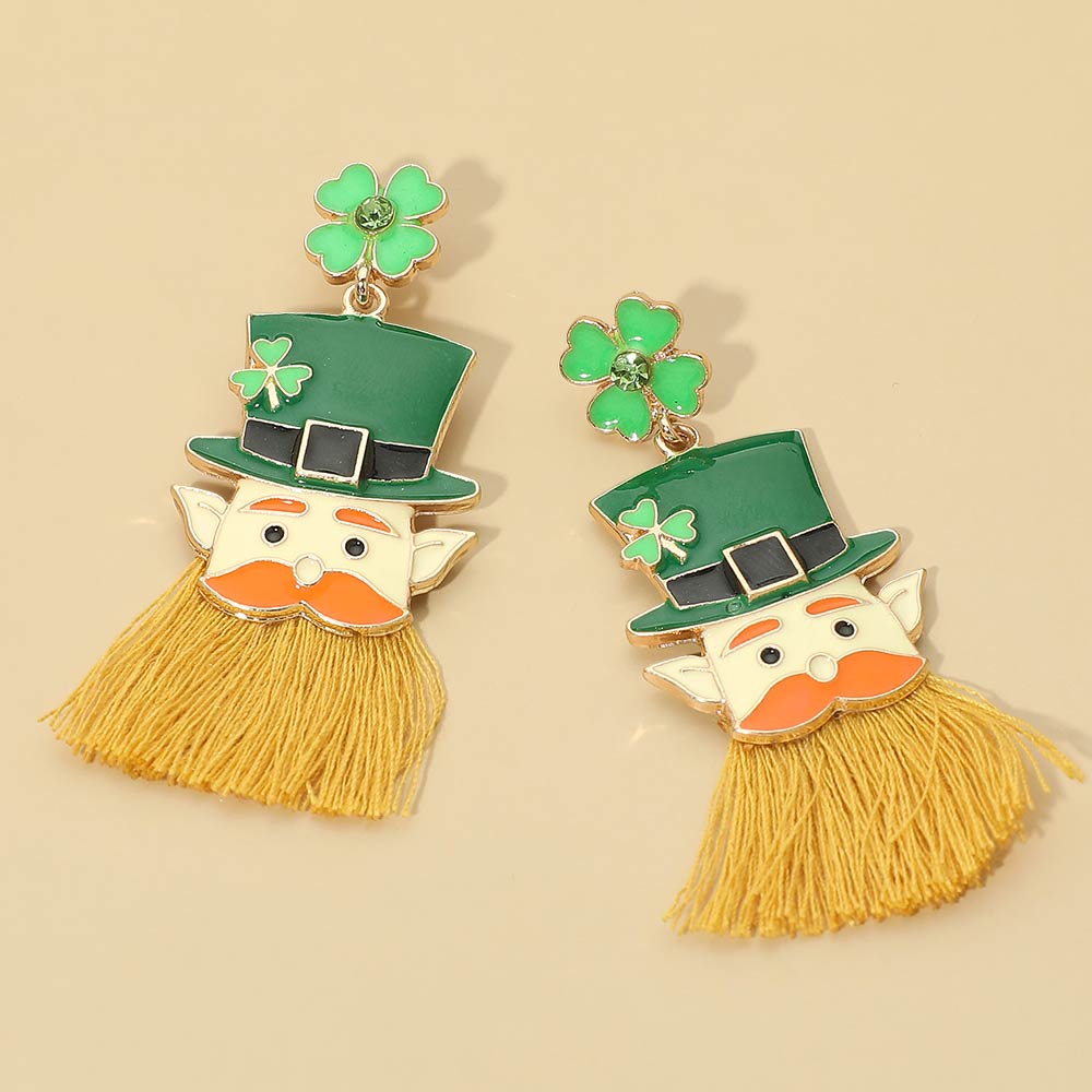 St Patricks Shamrock Clover Leprechaun Tassel Drop Earrings