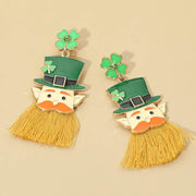 St Patricks Shamrock Clover Leprechaun Tassel Drop Earrings