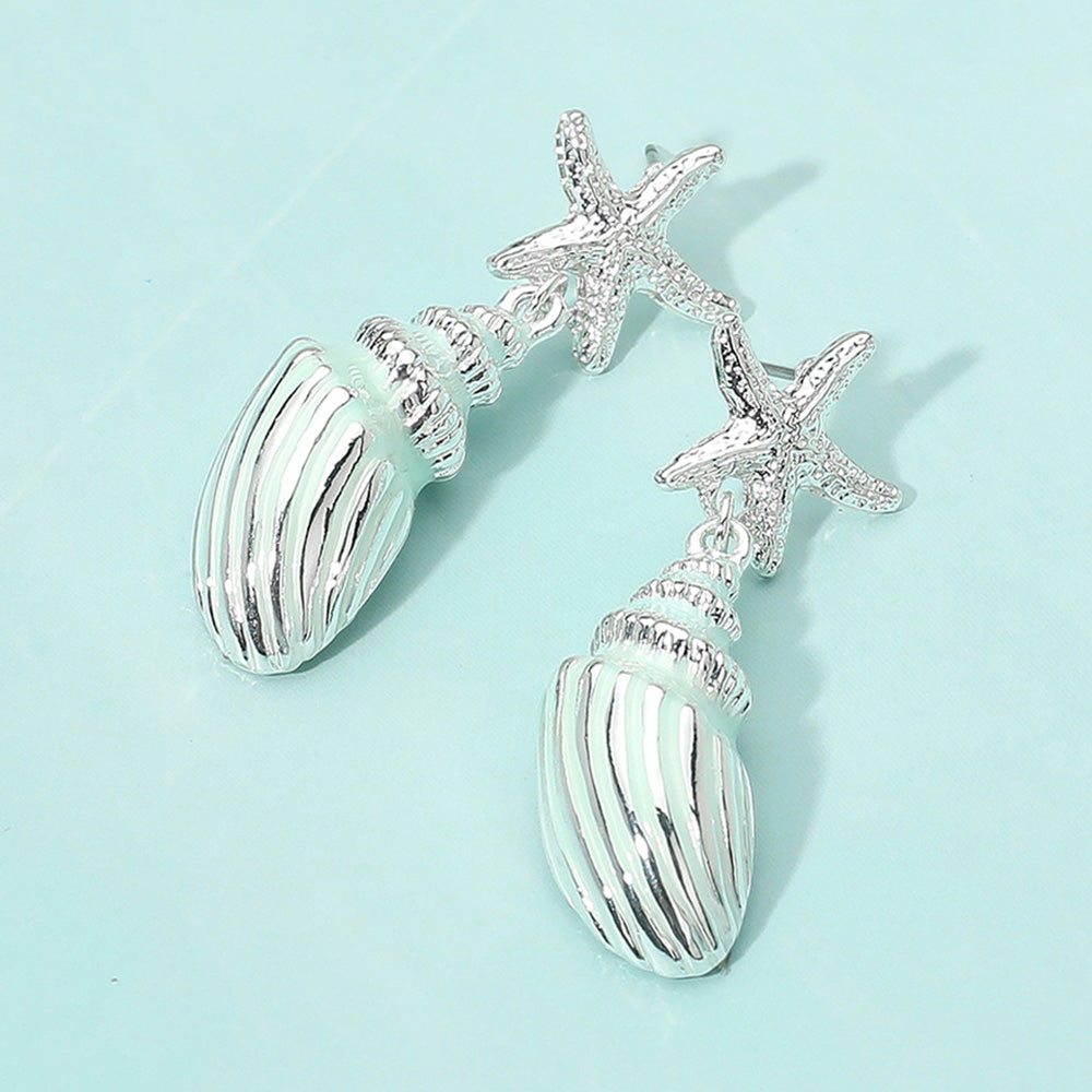 Silver Dipped Starfish Seashell Drop Dangle Statement Earrings