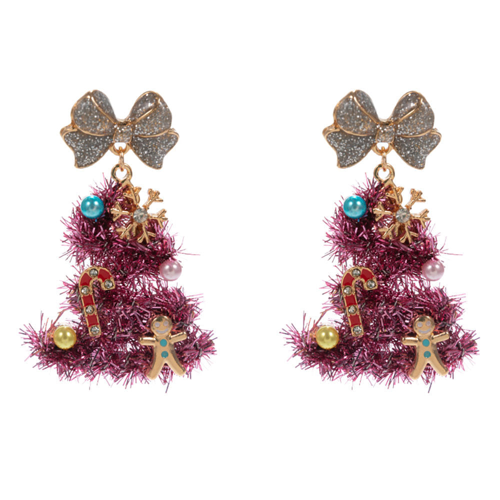 Whimsical Pearl Bow Snowflake Charm Tinsel Christmas Tree Dangle Earrings