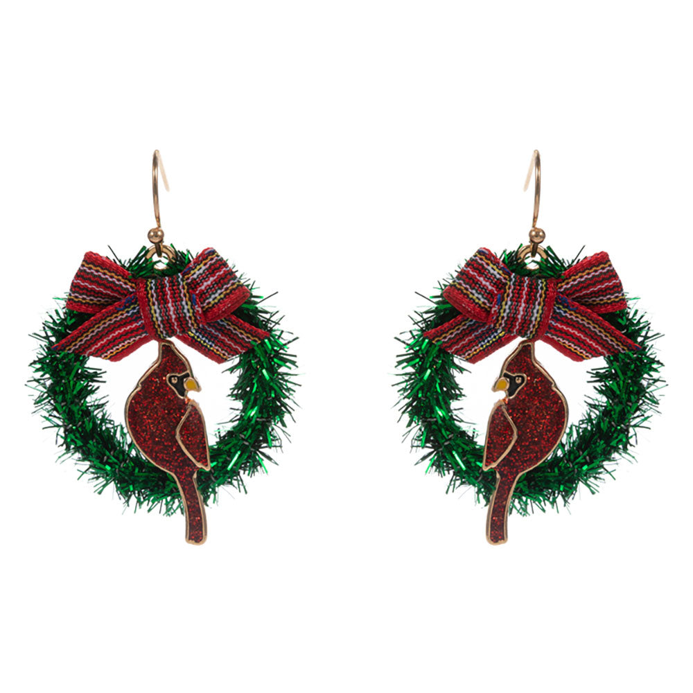 Holiday Bow Accent Cardinal Wreath Dangle Earrings