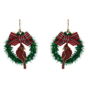 Holiday Bow Accent Cardinal Wreath Dangle Earrings
