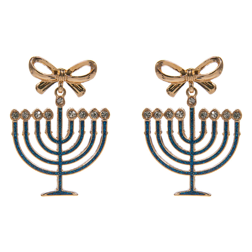 Bow Accent Hanukkah Menorah Dangle Earrings