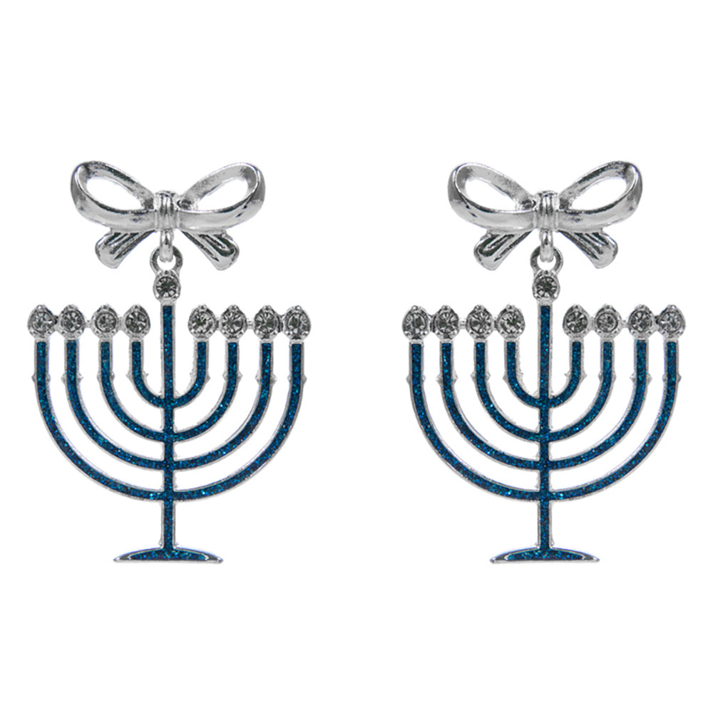 Bow Accent Hanukkah Menorah Dangle Earrings
