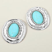 Bold Western Oval Turquoise Stone Center Beaded Frame Statement Earrings
