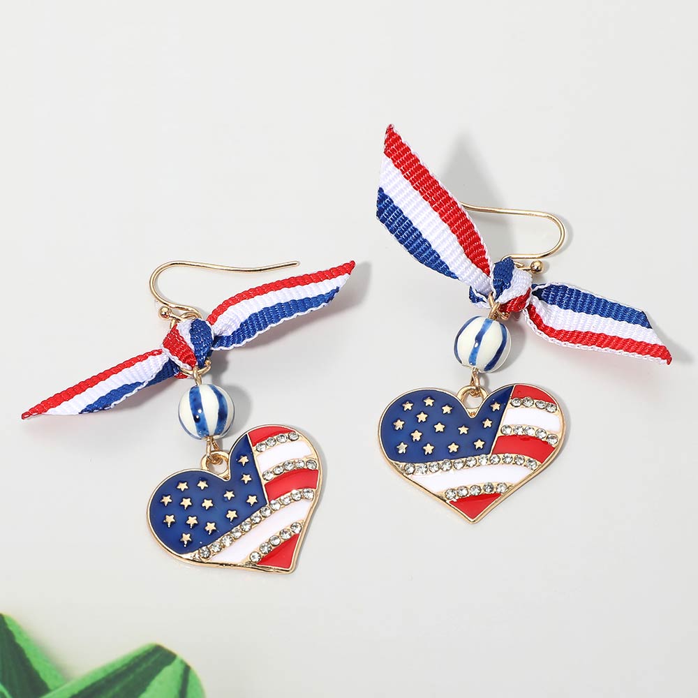 American USA Bow Heart Flag Link Drop Earrings