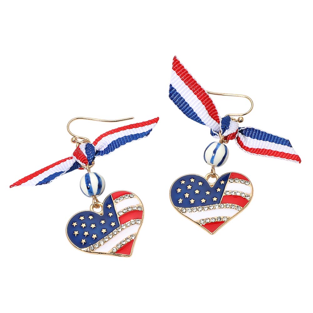 American USA Bow Heart Flag Link Drop Earrings