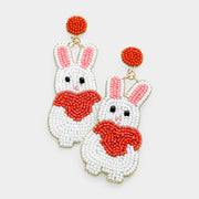 Felt Back Seed Beaded Bunny Heart Dangle Earrings