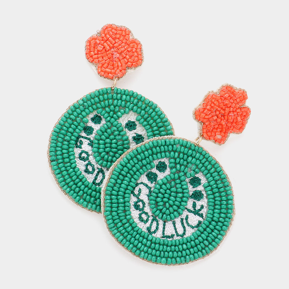 Good Luck Message St. Patrick's Day Felt Back Clover Horseshoe Link Dangle Earrings