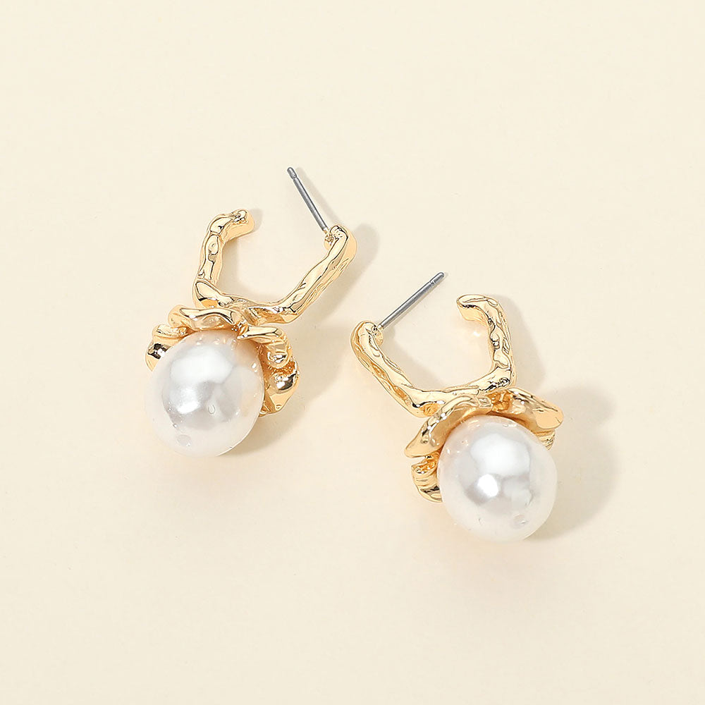 Pearl Drop Textured Hoop Earrings
