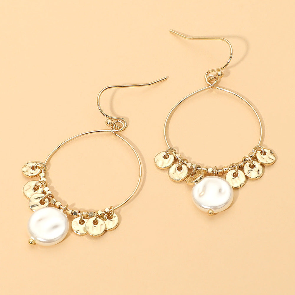 Metal Disc Pearl Charm Drop Hoop Dangle Earrings