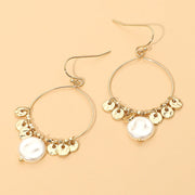 Metal Disc Pearl Charm Drop Hoop Dangle Earrings