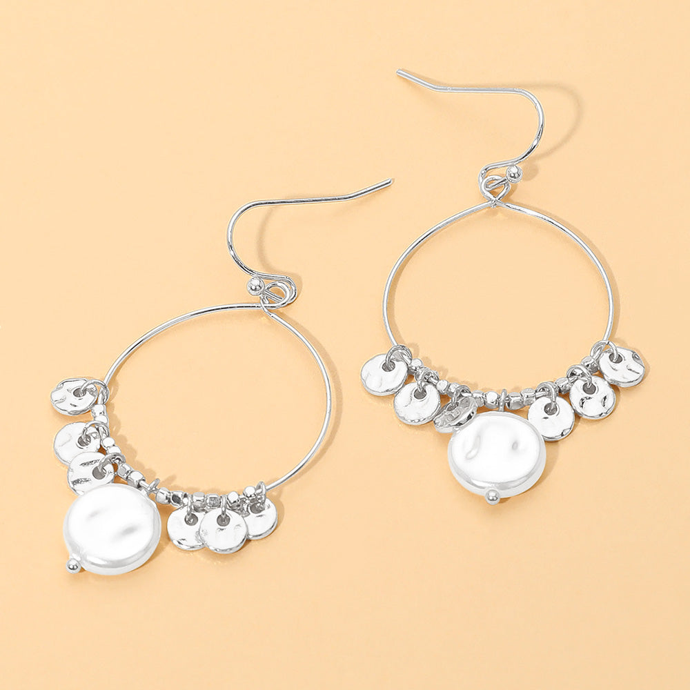 Metal Disc Pearl Charm Drop Hoop Dangle Earrings
