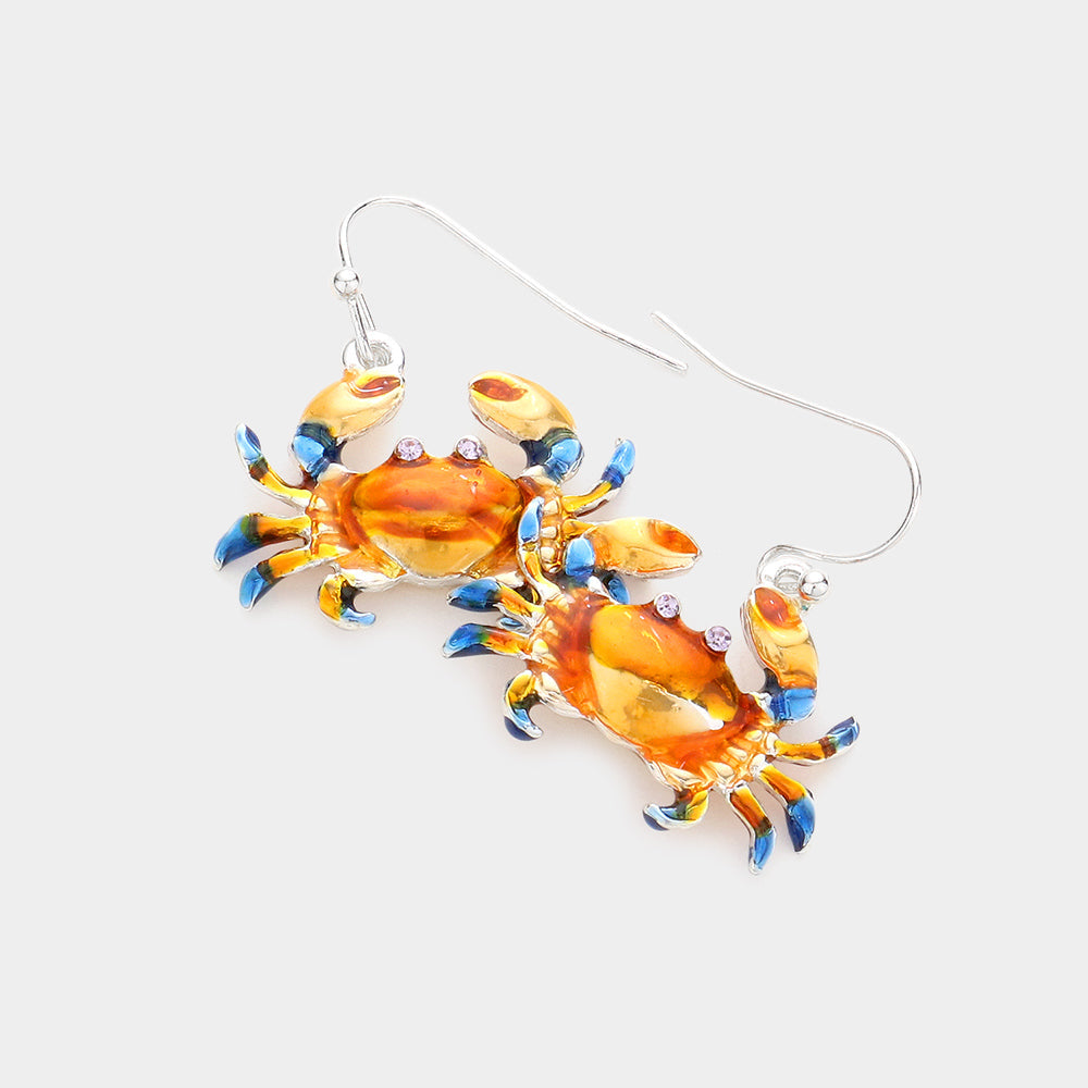 Rhinestone Embellished Enamel Crab Dangle Earrings