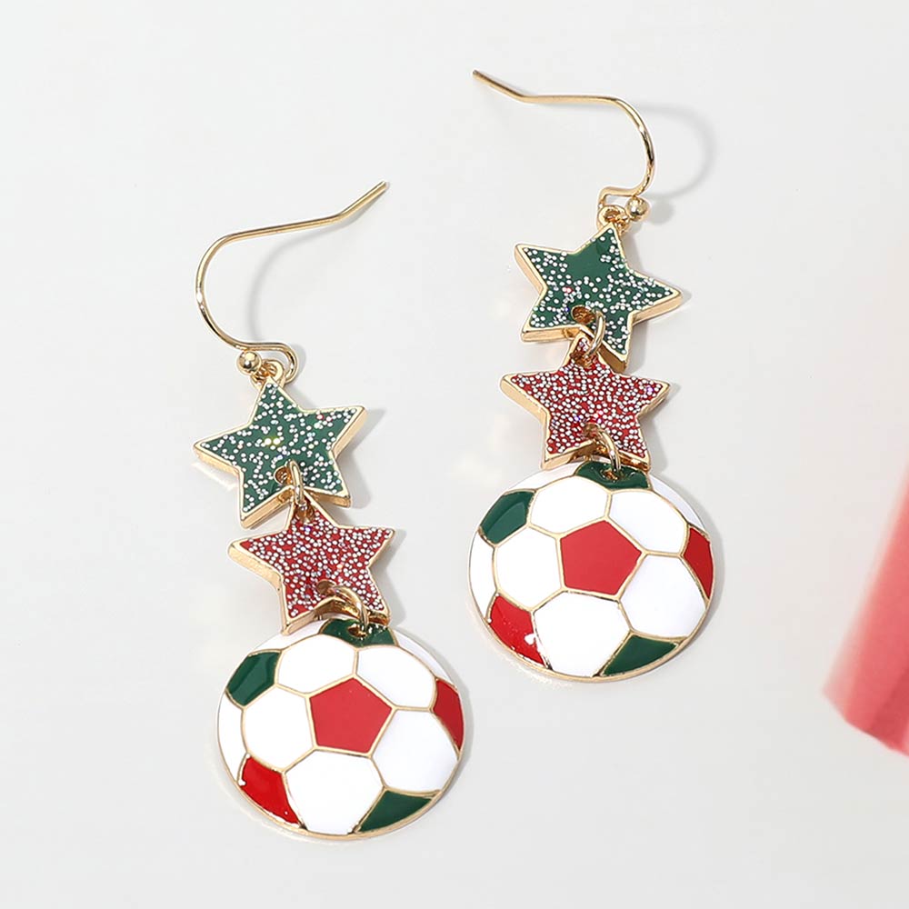 Italy Glittered Double Star Soccer Ball Drop Earrings