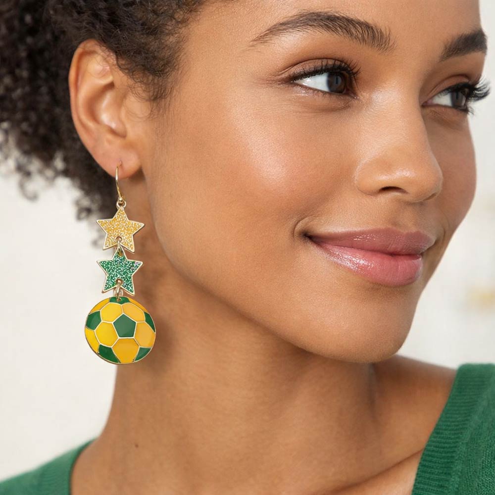 Brazil Glittered Double Star Soccer Ball Drop Earrings