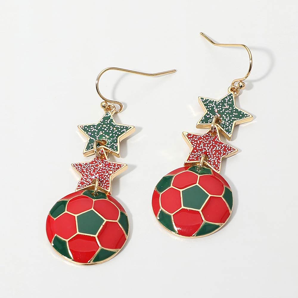 Portugal Glittered Double Star Soccer Ball Drop Earrings