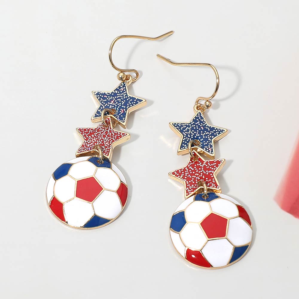 France Glittered Double Star Soccer Ball Drop Earrings