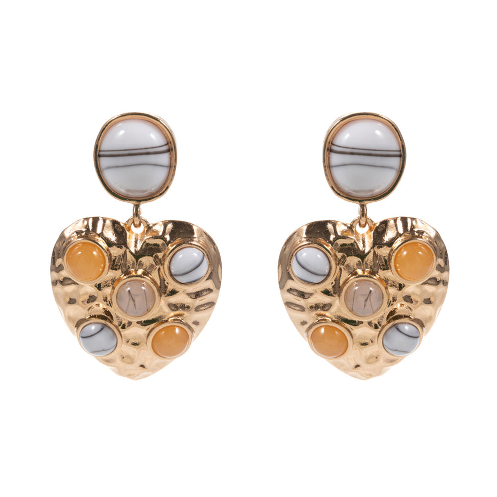 Round Stone Embellished Textured Metal Heart Dangle Earrings