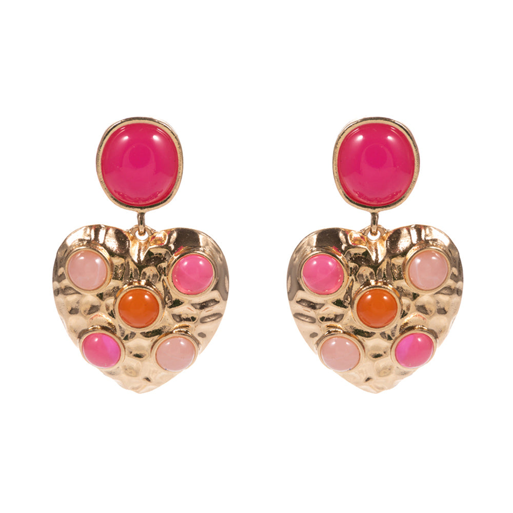 Round Stone Embellished Textured Metal Heart Dangle Earrings