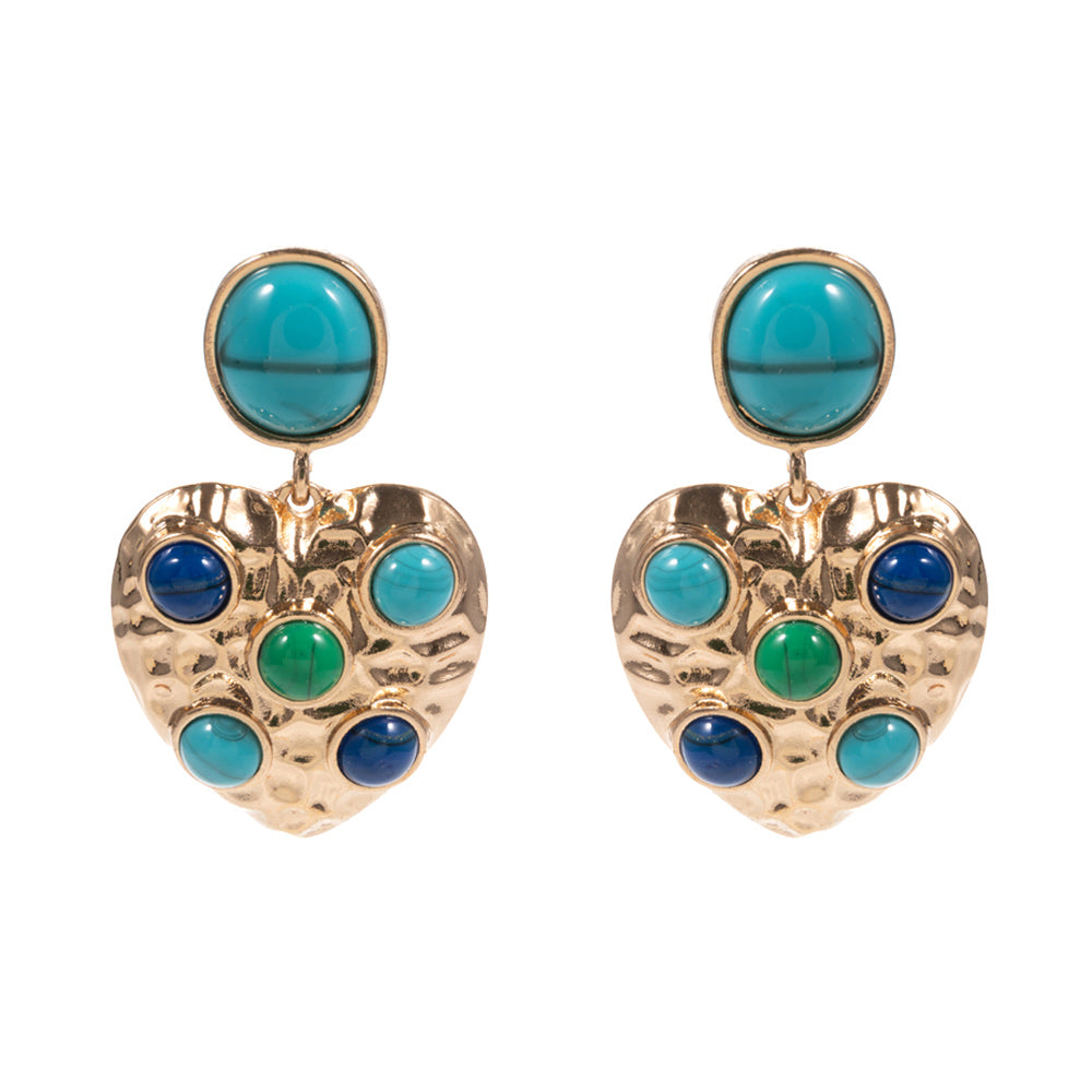 Round Stone Embellished Textured Metal Heart Dangle Earrings