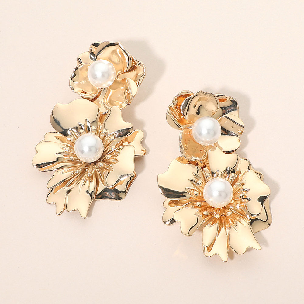 Pearl Accent Double Floral Link Drop Statement Earrings