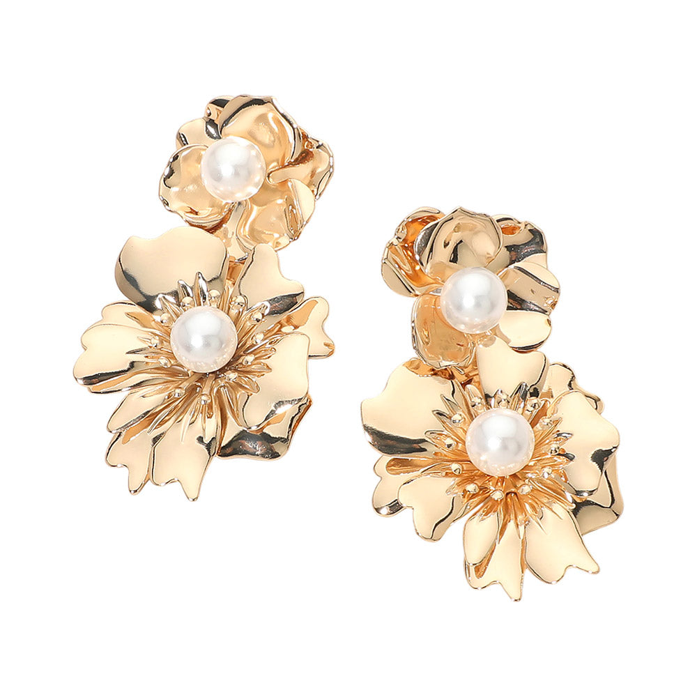 Pearl Accent Double Floral Link Drop Statement Earrings