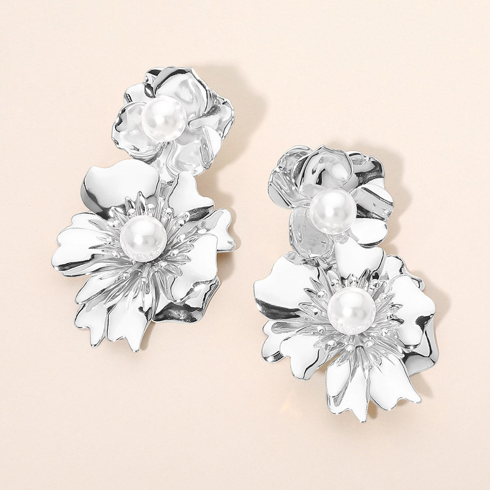 Pearl Accent Double Floral Link Drop Statement Earrings