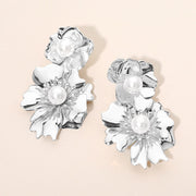 Pearl Accent Double Floral Link Drop Statement Earrings