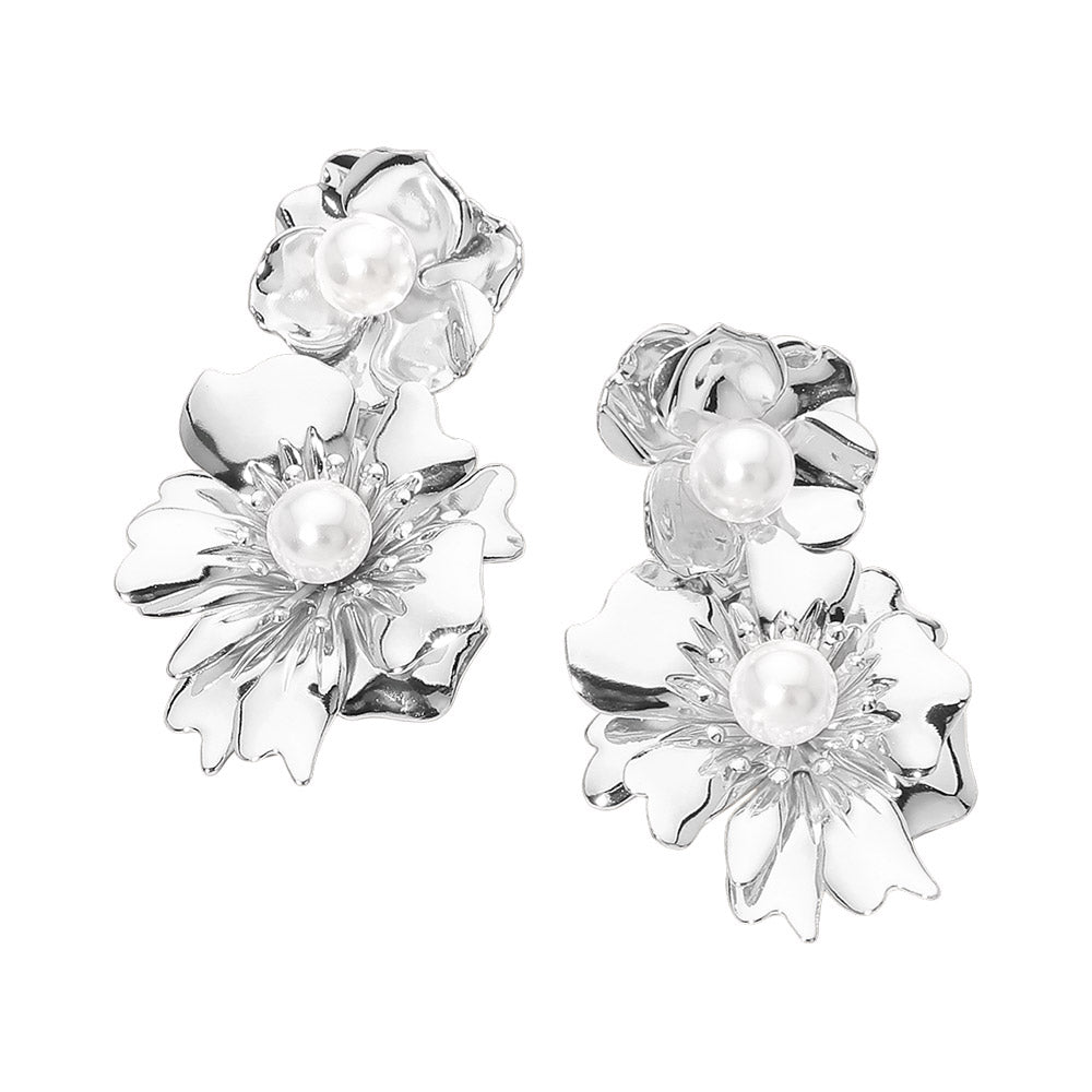 Pearl Accent Double Floral Link Drop Statement Earrings