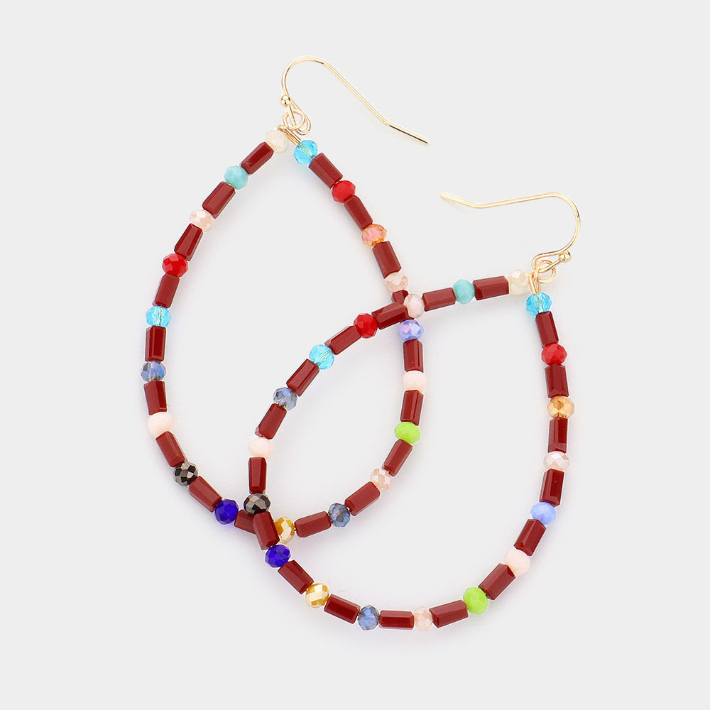 Rectangle Faceted Beaded Open Teardrop Dangle Earrings