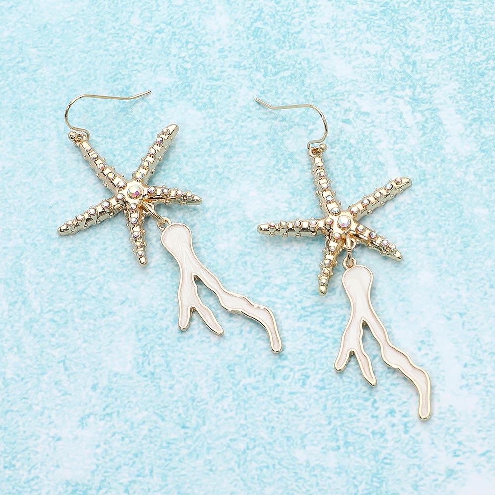 Stone Paved Starfish Enamel Coral Link Dropdown Dangle Earrings