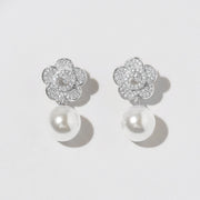 White Gold Dipped CZ Pave Flower Pearl Drop Earrings