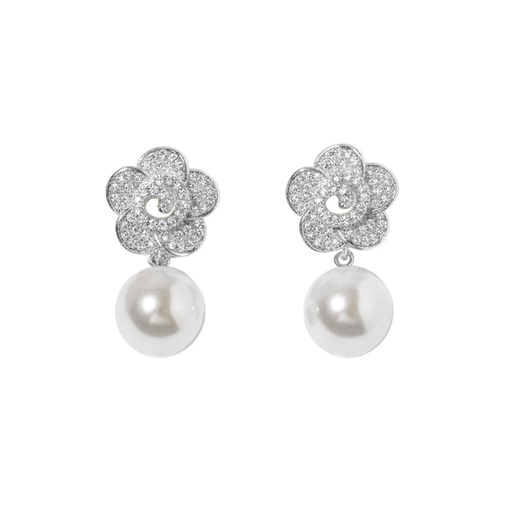 White Gold Dipped CZ Pave Flower Pearl Drop Earrings