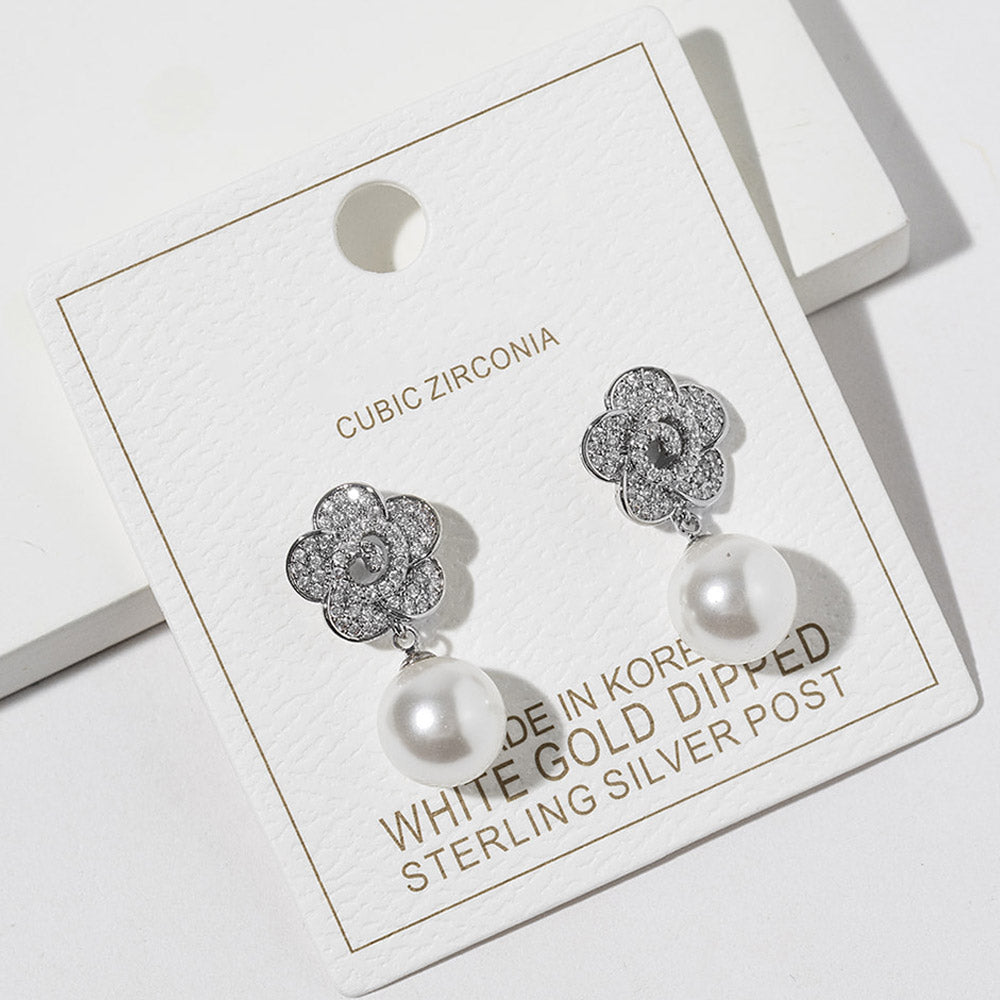 White Gold Dipped CZ Pave Flower Pearl Drop Earrings