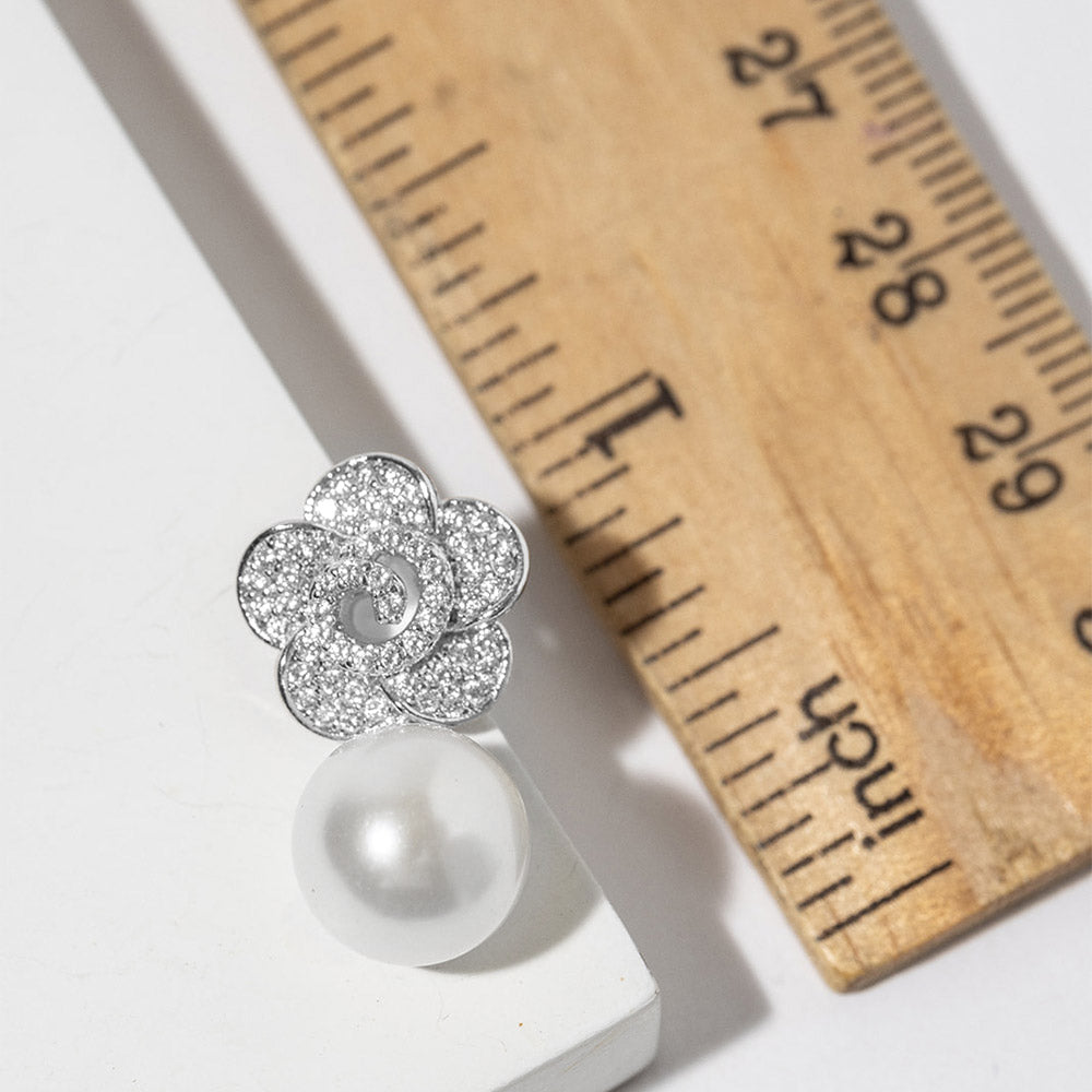 White Gold Dipped CZ Pave Flower Pearl Drop Earrings