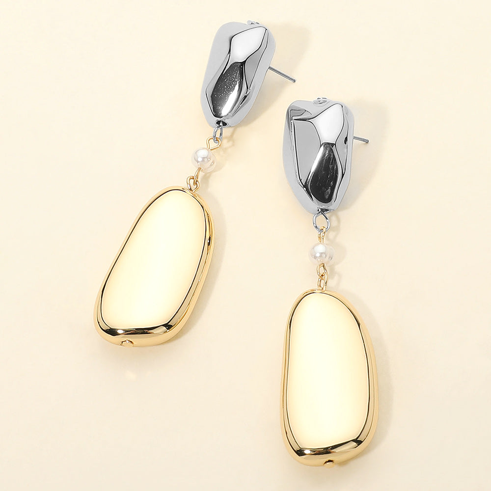 Bold Geometric Metal Pebble Pearl Link Drop Statement Earrings
