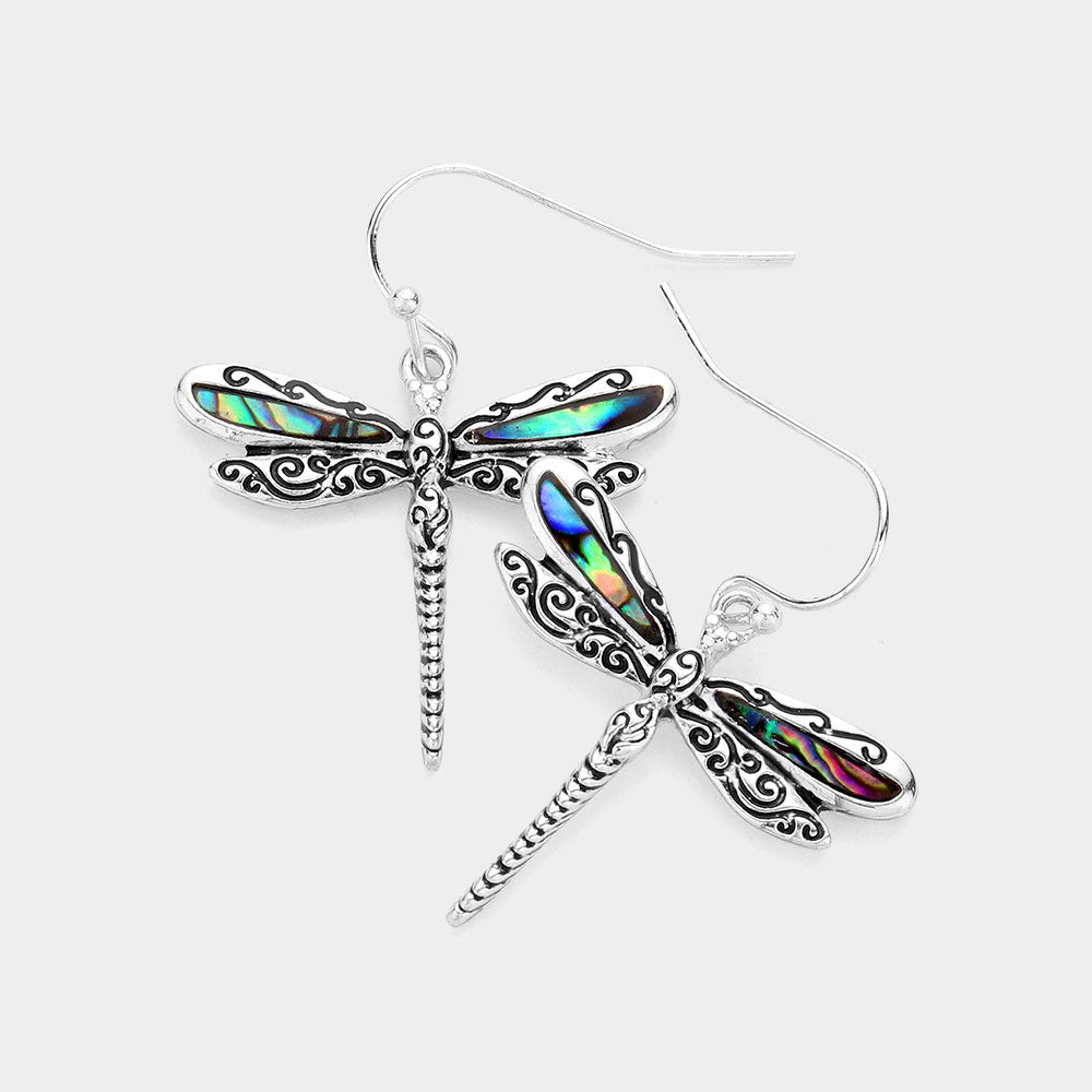 Antique Metal Abalone Dragonfly Dangle Earrings